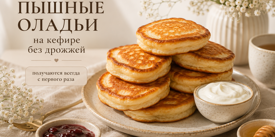 Пышные оладьи на кефире без дрожжей: проверенный рецепт, который получается всегда 🥞
