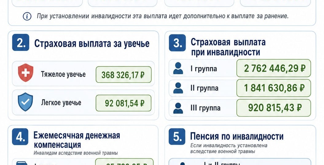◽️Выплаты при ранении и инвалидности
