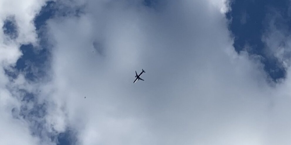 Самолет и птицы в небе. След самолета в небе. Самолет в пасмурном небе. Самолет вылетает из облака коллаж. Силуэты облаков серые.