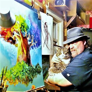 мастерская, работа, картины, коты, быт