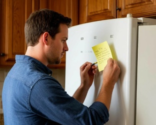 Он ушел, приклеив записку скотчем к холодильнику.