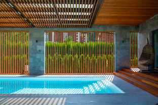 Современная терраса с раздвижным бассейном