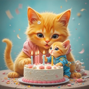 Кошка празднует свой день рождения вместе с малышом 
