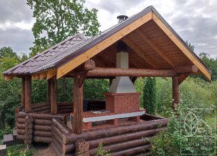 Беседка барбекю из бревна с уличной печью