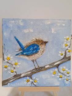 Картина маслом на холсте Птичка на веточке весной