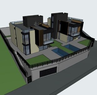 Два монолитных дома с гаражами и подпорными стенами
