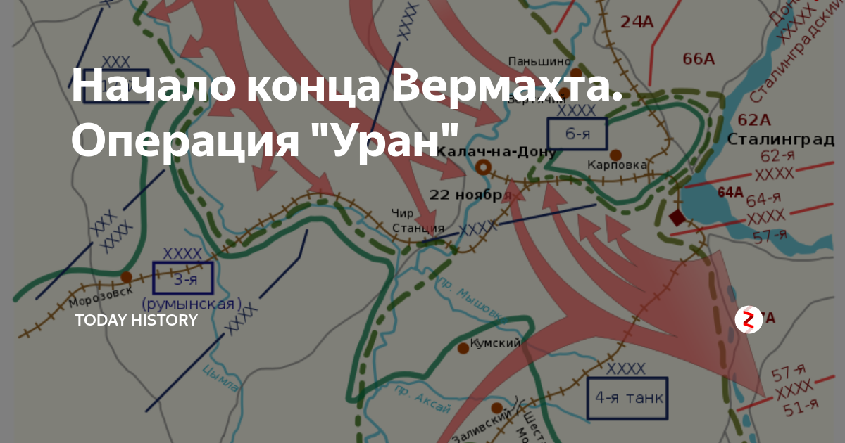 На схеме обозначены боевые действия красной армии в ходе операции уран