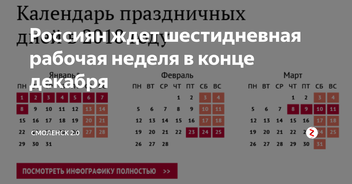 Выходные дни 2024 для шестидневной рабочей