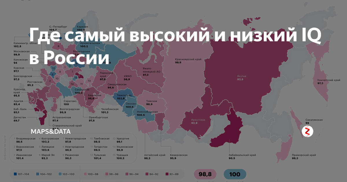 IQ по регионам России. Средний IQ. Самый высокий средний IQ. Средний IQ по регионам России.