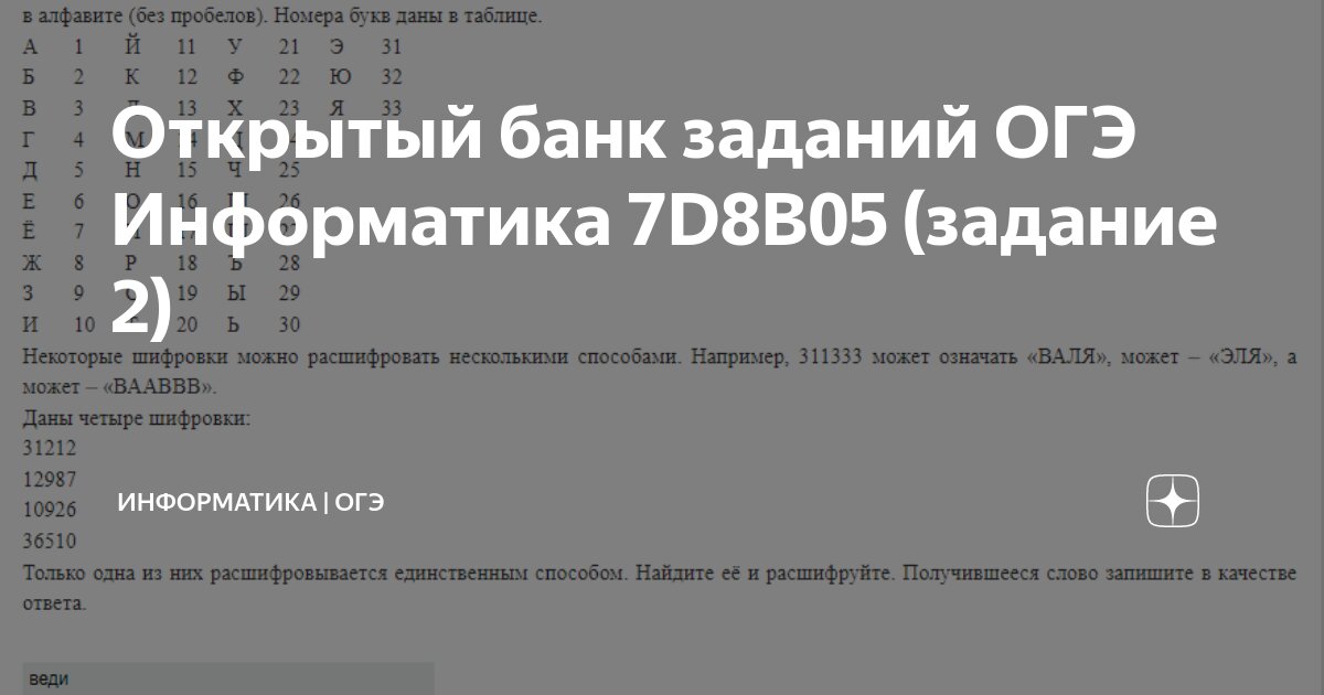 Открытый банк заданий ОГЭ Информатика 7D8B05 (задание 2) | ИНФОРМАТИКА ...