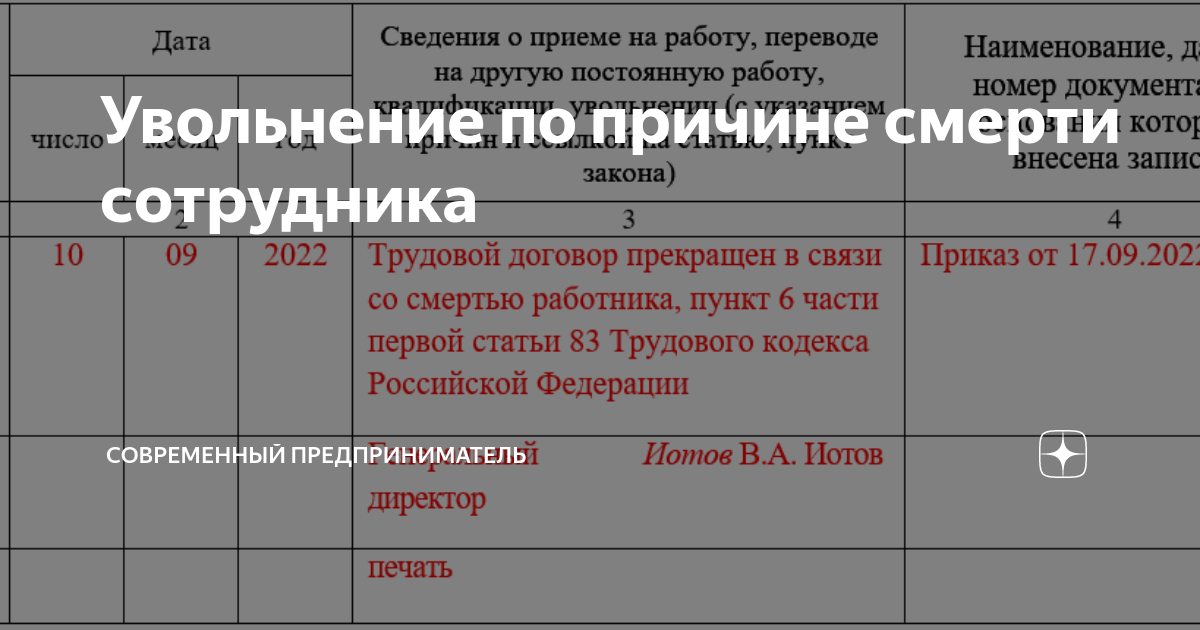 Смерть статья тк. Запись в трудовой в связи со смертью работника. Увольнение в связи со смертью работника. Трудовой договор расторгнут по смерти работника. Расчет при увольнении в связи со смертью работника.