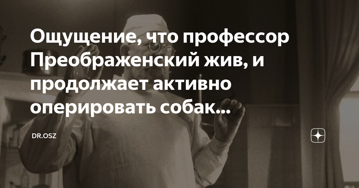 Не покидало ощущение. Профессор Преображенский жив и продолжает оперировать собак. Профессор Преображенский оперирует собак. Профессор Преображенский продолжает оперировать. Професор продолжает опертровать собак.