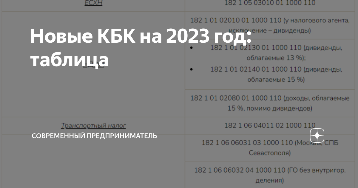 Новые КБК на 2023 год: таблица СОВРЕМЕННЫЙ ПРЕДПРИНИМАТЕЛЬ Дзен