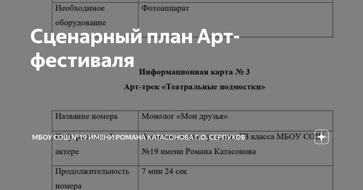 Сценарный план Арт-фестиваля | МБОУ СОШ №19 имени Романа Катасонова г.о ...