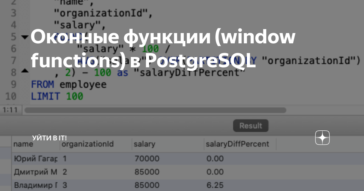 Оконные функции (window functions) в PostgreSQL | Уйти в АйТи | Дзен