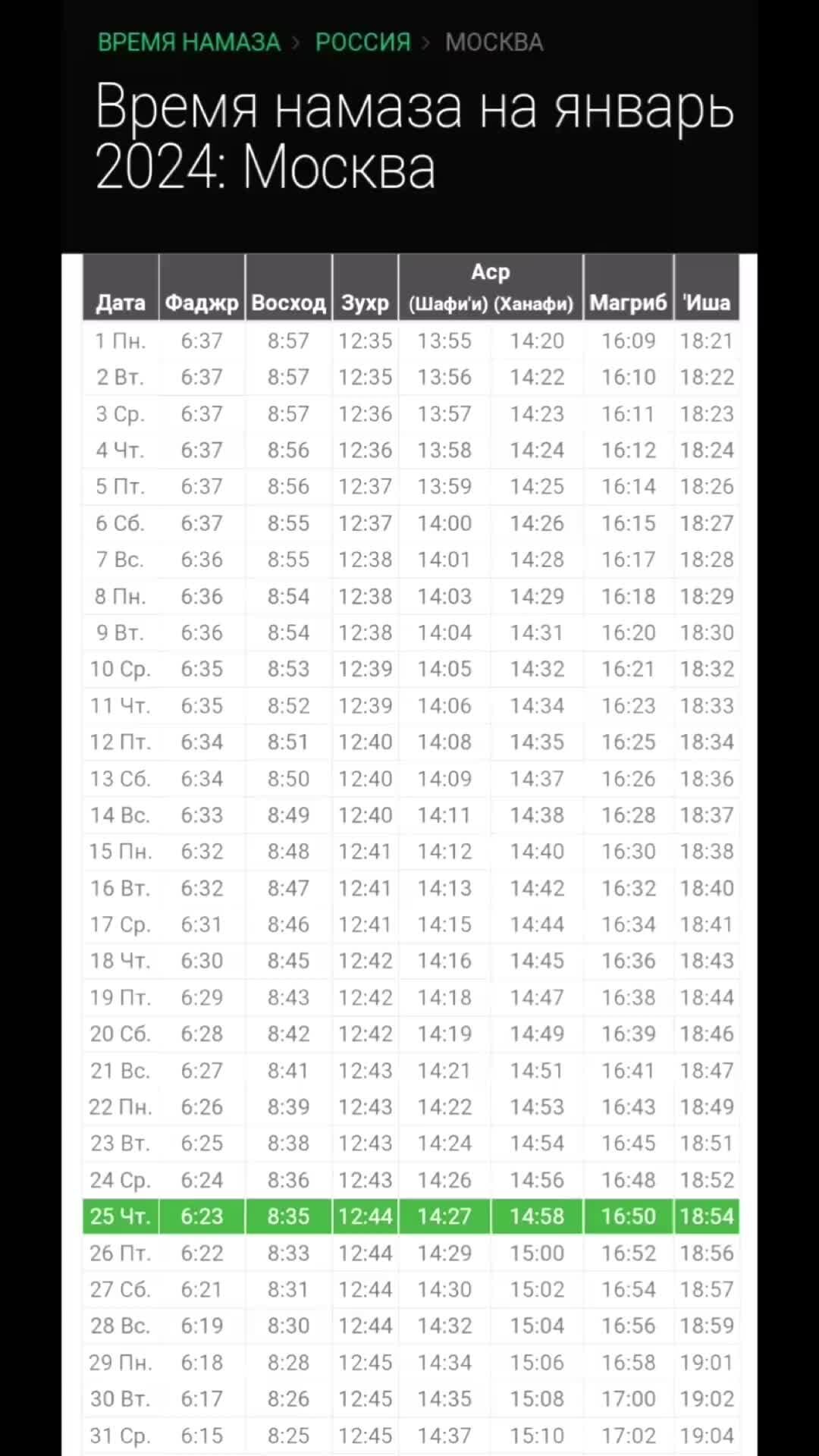 Календарь времени намаза на 2024 год
