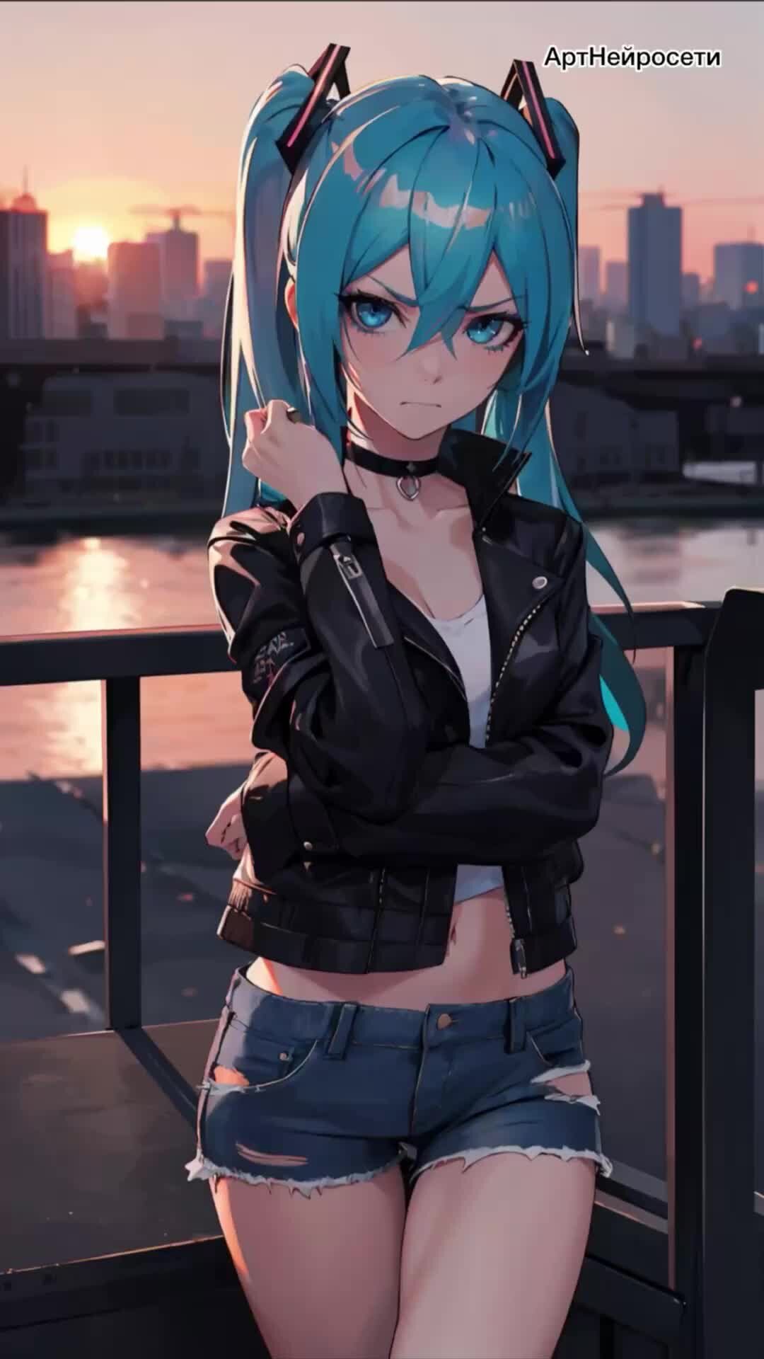 АртНейросети | Girl, Hatsune Miku, blue eyes, blue hair, black torn jacket,  torn jeans, an irritated look at the viewer https://t.me/SDWaifuBot | Дзен