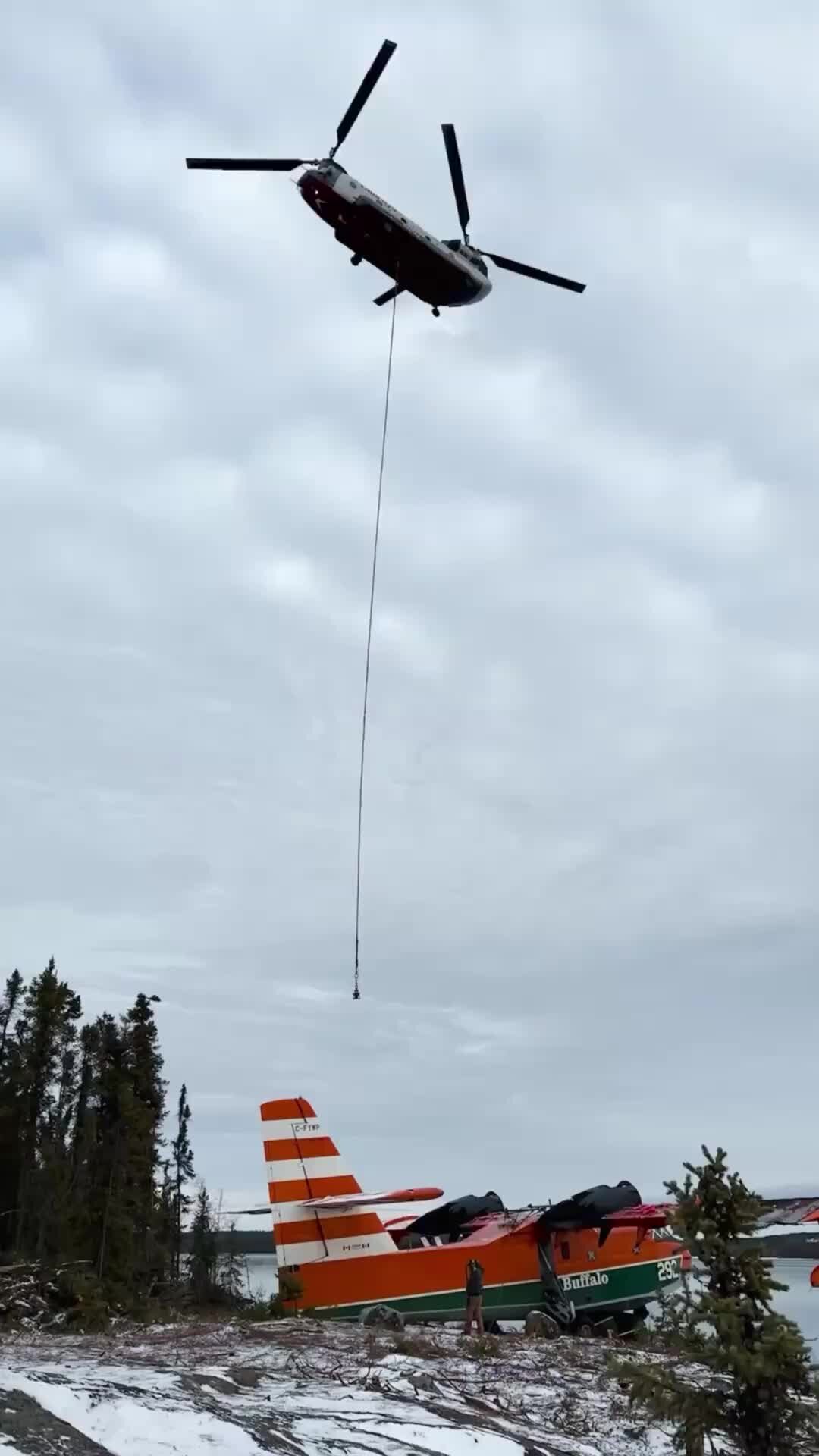 ВерТолёТоМаниЯ | ☝️Самолет Buffalo Airwas CL-215 в ходе проведения  воздушных работ по тушению лесных пожаров к северу от Йеллоунайфа, получил  повреждение фюзеляжа, летать не мог, был эвакуирован вертолетом CH-47 | Дзен