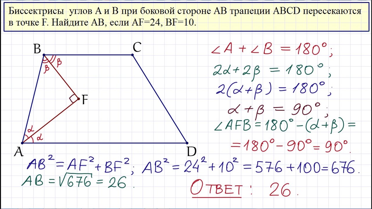 В трапеции abcd биссектрисы углов. Биссектрисы углов при боковой стороне трапеции. Задачи на пересекающиеся биссектрисы в трапеции. Задания с трапецией ОГЭ. Биссектрисы углов a и b при боковой стороне ab.