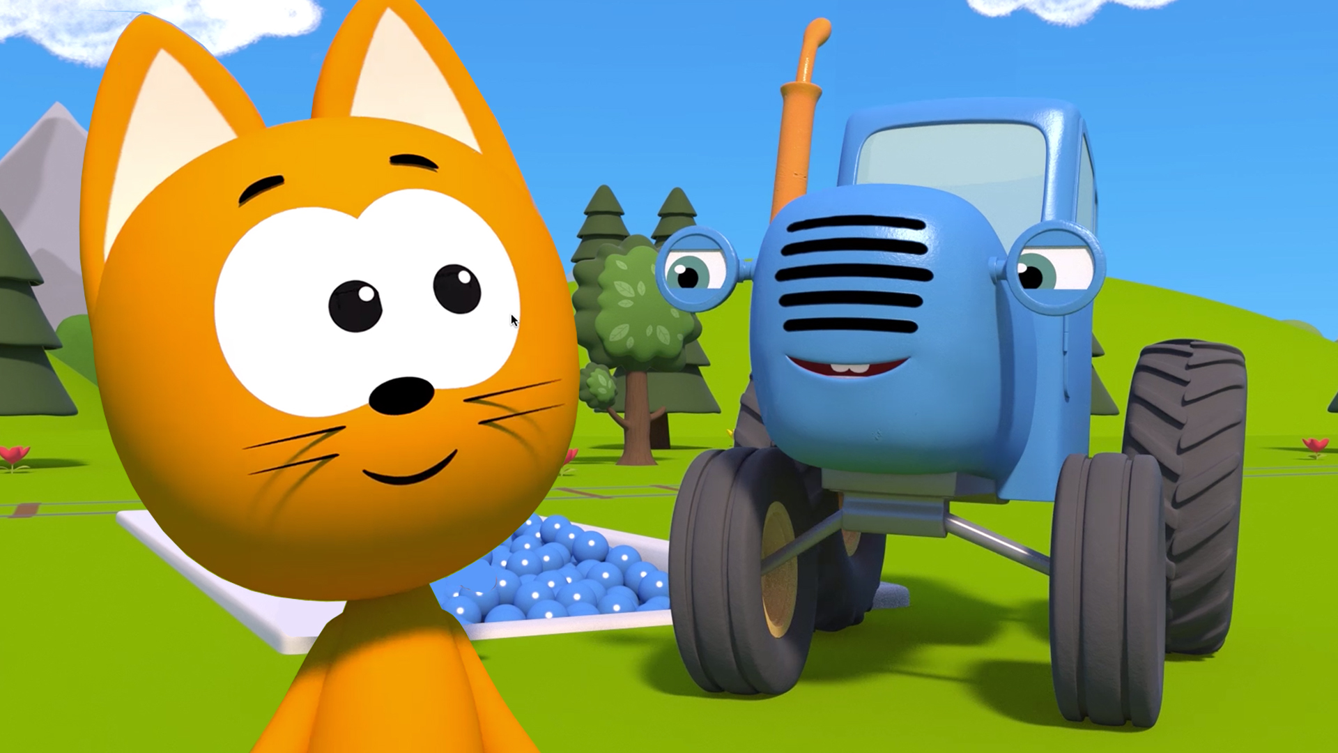 включи коте трактор. включи коте трактор. трактор мультяшный. 3 кота и синий трактор. синий трактор и котенок.