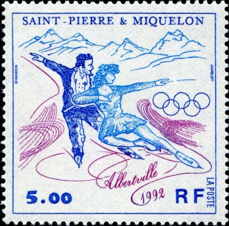 Спортивная филателия. Saint Pierre et Miquelon марка. Альбервиль 1992 год фигурное катание. 1922 Год зимние Олимпийские игры Альбервиль Постер.