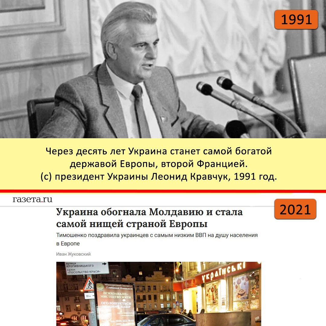 Показательный момент: президент Украины Леонид Кравчук в 1991-м году заявил, что через 10 лет Украина станет самой богатой державой Европы, второй Франции.