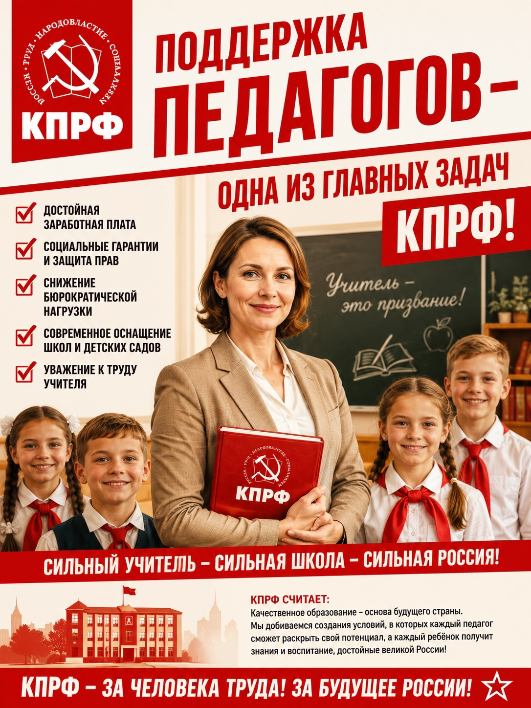 Поддержка педагогов — стратегическая задача государства  КПРФ последовательно выступает за защиту интересов педагогов и развитие отечественной системы образования.
