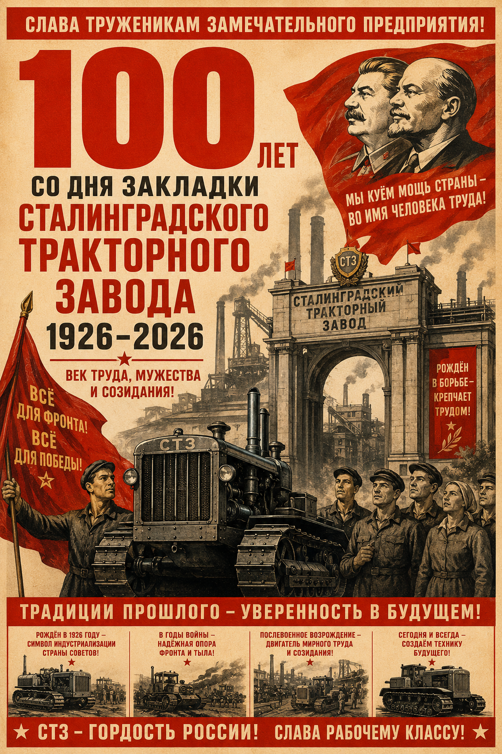 СТАЛИНГРАДСКОМУ ТРАКТОРНОМУ ЗАВОДУ — 100 ЛЕТ  Завод-труженик. Завод-воин. Завод-легенда.  13 июля 2026 года исполнилось  100 лет со дня закладки Сталинградского тракторного завода.