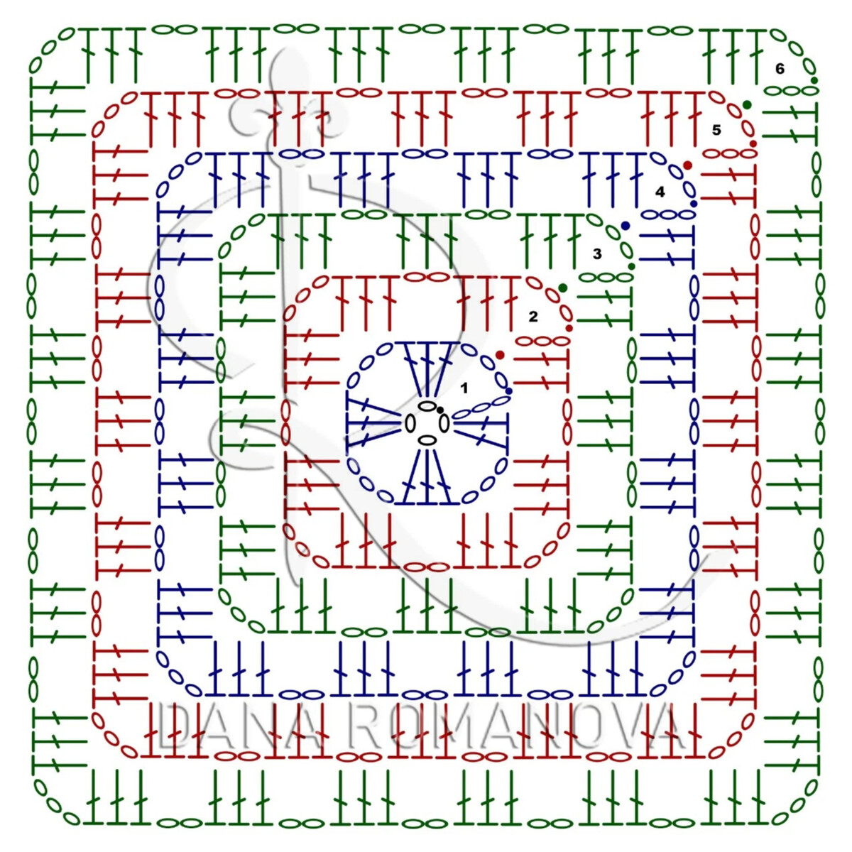 Бабушкин квадрат крючком с цветком в середине схема