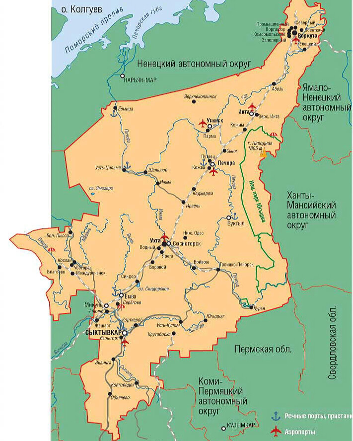 Карта коми республики с городами и поселками