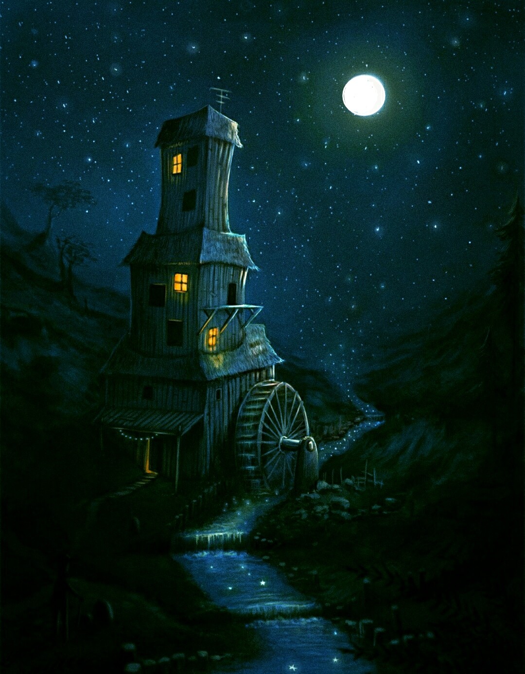 Дом на луне картинки. Иеремия Морелли. Сказочная ночь. Сказочные домики ночью.