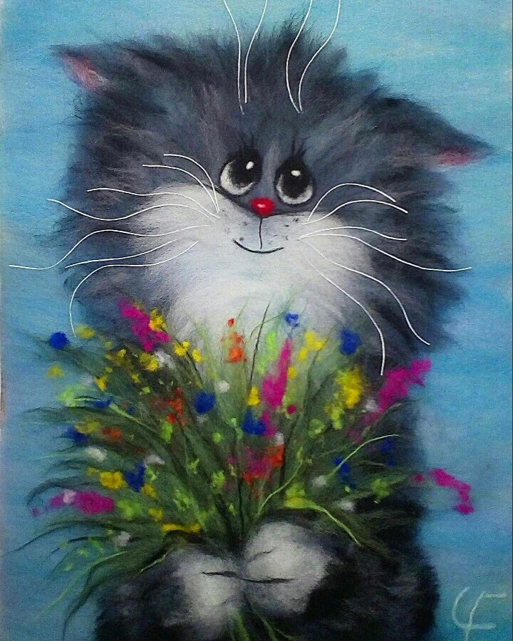 Рисунок котик в цветах