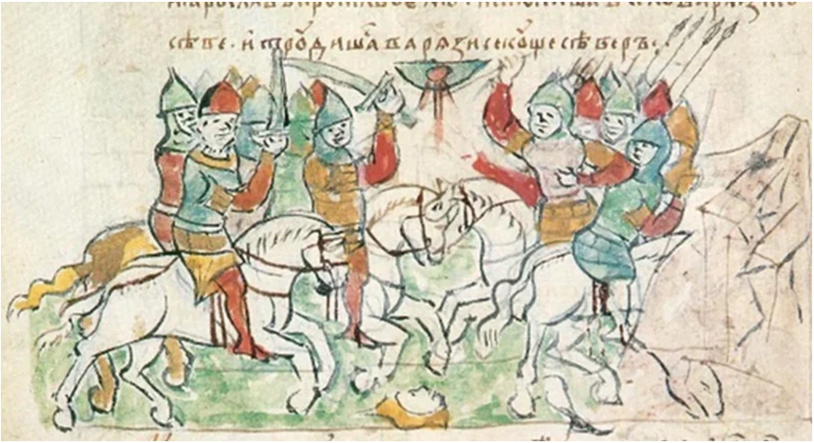 После битвы при листвене между. Битва при Листвене 1024. Битва при Салнице. Миниатюра из Радзивилловской летописи.. Битва у Листвена.