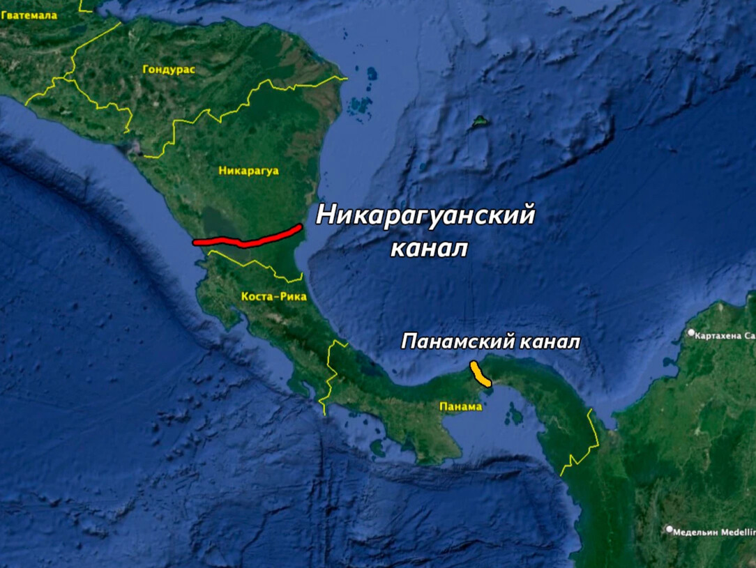 Проект никарагуанского канала на карте