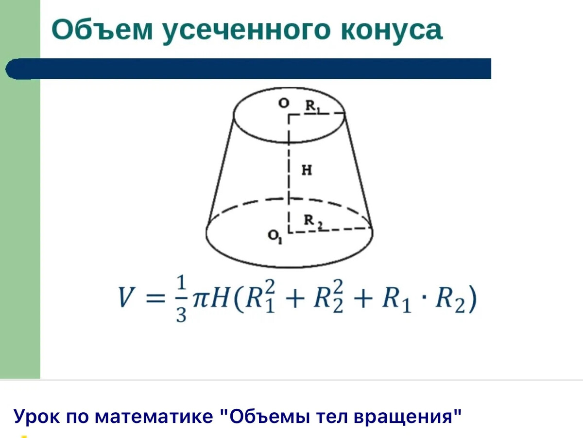 Найти v конуса. Формула для вычисления объема усеченного конуса. Формула расчета объема усеченного конуса. Формула объёма усеченного конуса рассчитать. Объём усечённого конуса формула.