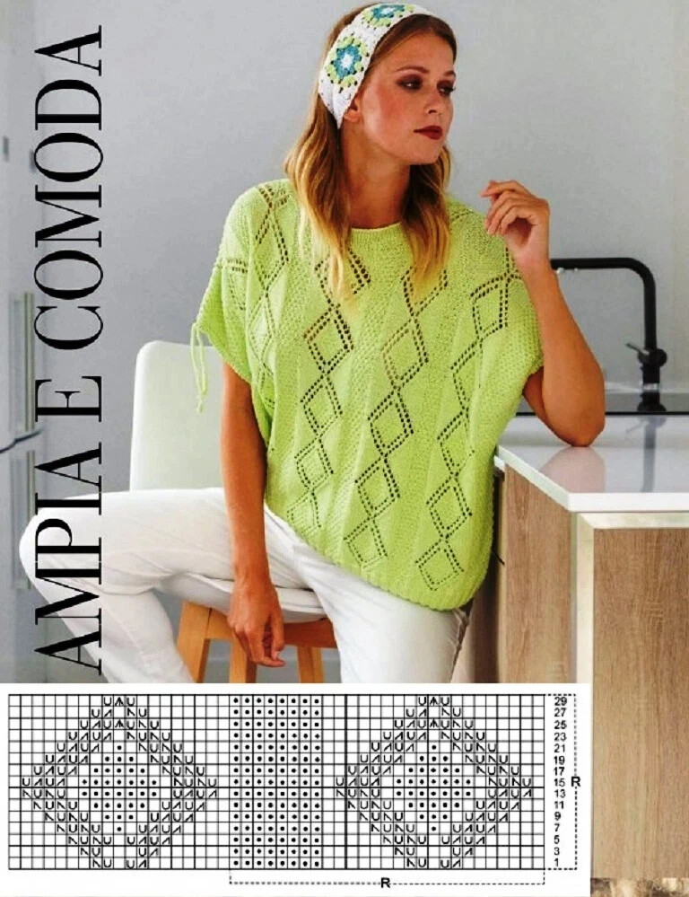 Давайте свяжем нежно мятный топ спицами. Легкий ажурный узор из дорожек ...