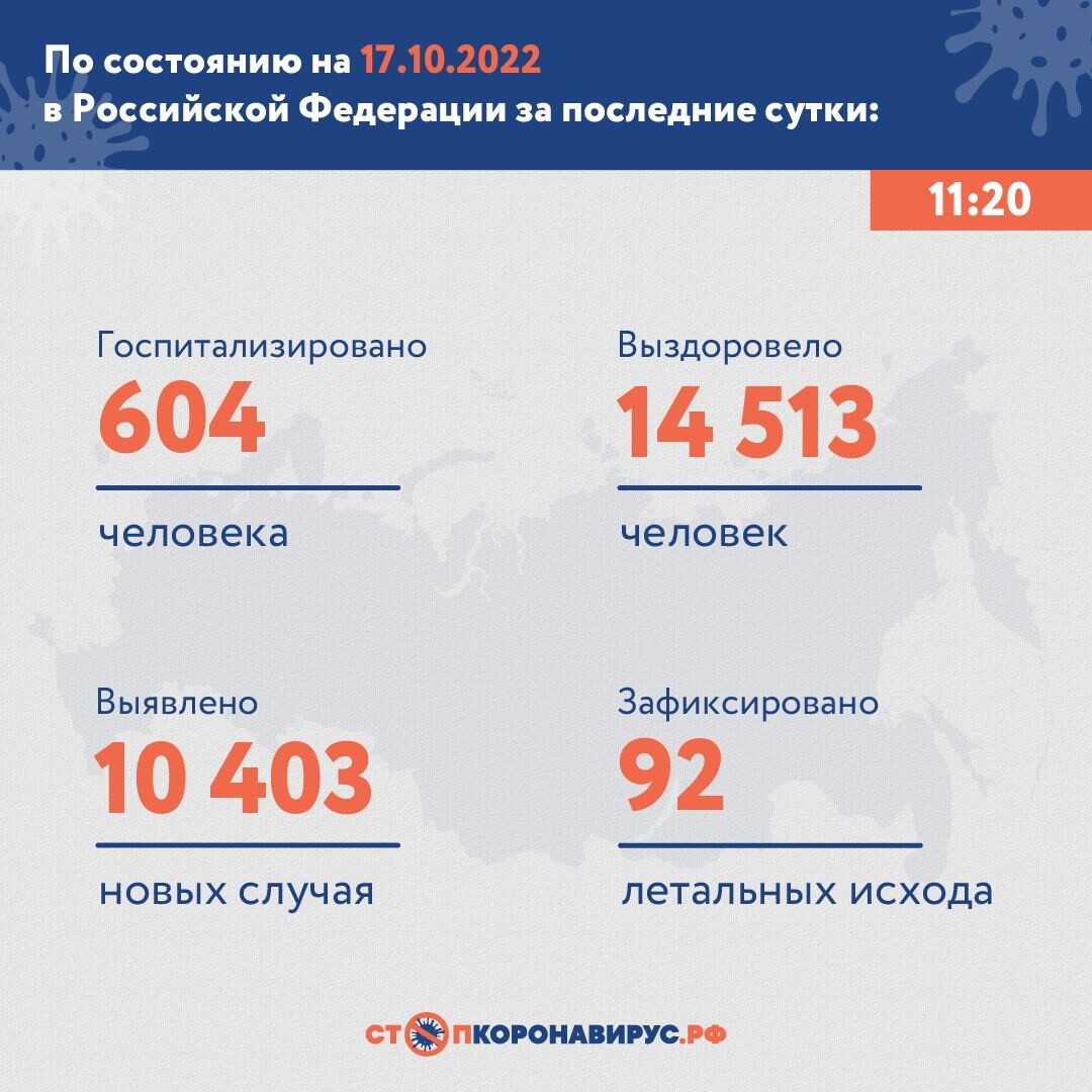 Войти. 🦠 В России за сутки госпитализировано 604 человека, выявлено 10 403...