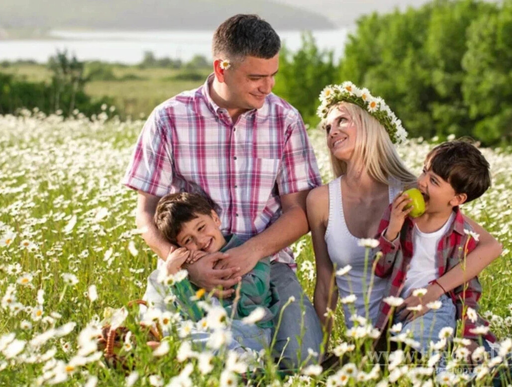 Счастливая семья в ромашковом поле