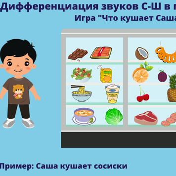 Логопедические игры Дифференциация звуков С-Ш в предложениях Лексический и картинный материал не содержит звуков Р-Рь Игра "Сумки Маши - Мешки Саши" Игра "Что в шкафу у Оксаны?" Игра "Что кушает Саша?- 2