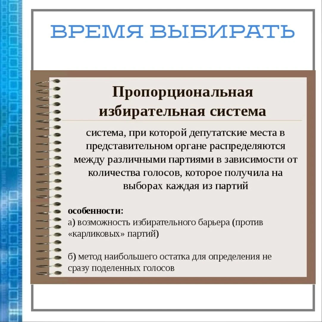Примеры мажоритарной и пропорциональной избирательной системы