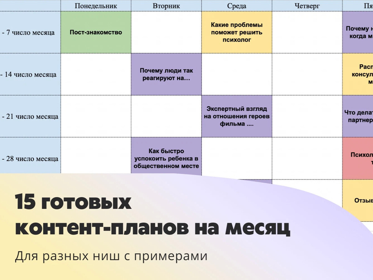 Контент план на неделю пример