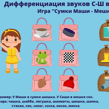 Логопедические игры Дифференциация звуков С-Ш в предложениях Лексический и картинный материал не содержит звуков Р-Рь Игра "Сумки Маши - Мешки Саши" Игра "Что в шкафу у Оксаны?" Игра "Что кушает Саша?