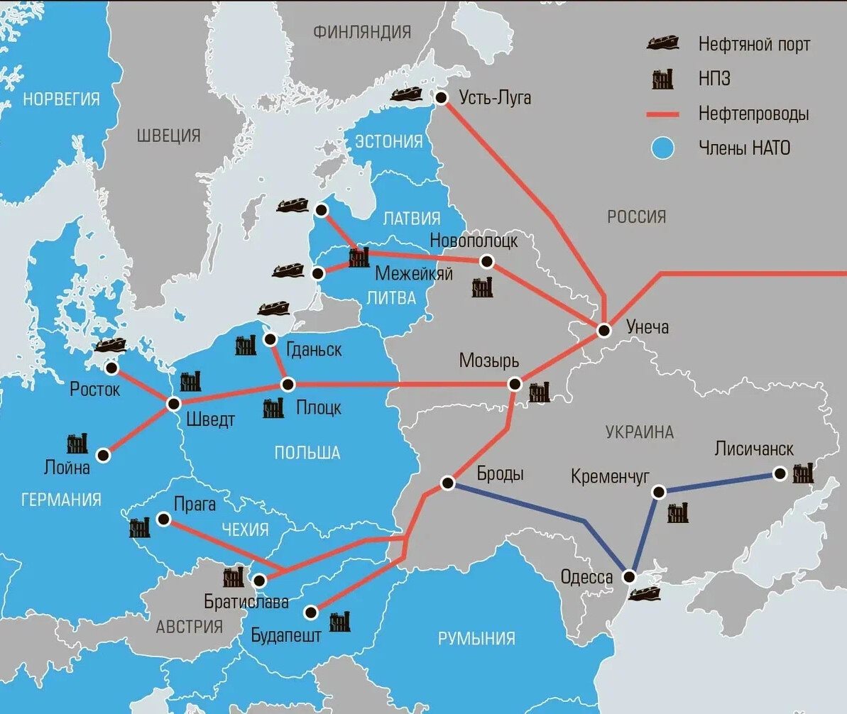 Нефтепроводы в европу из россии карта