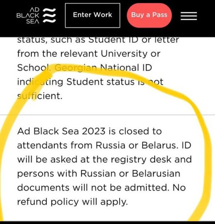 В г. Батуми на мероприятия не пускают русских и белорусов. На International Festival of Creativity не допускают граждан России и Беларуси.