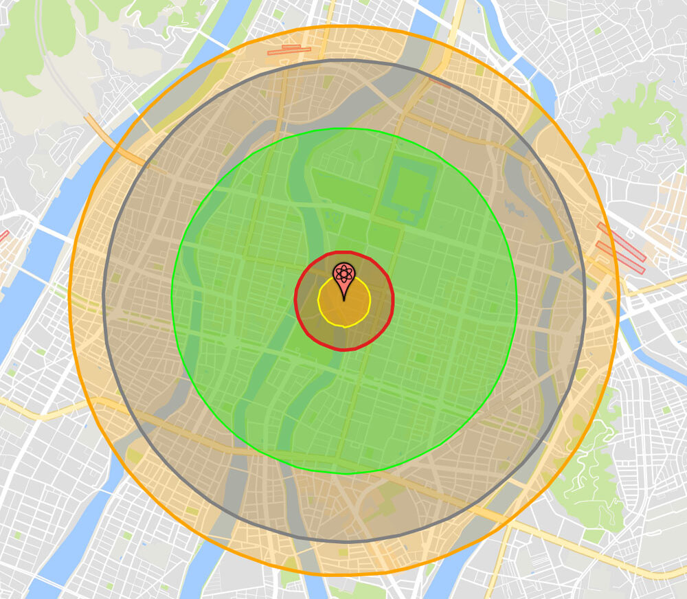 Радиус атомного взрыва. Ядерный взрыв радиус поражения на карте. Радиус поражения атомной бомбы 300 килотонн. Радиус зоны поражения ядерной бомбы. Радиус взрыва ядерной бомбы на карте.