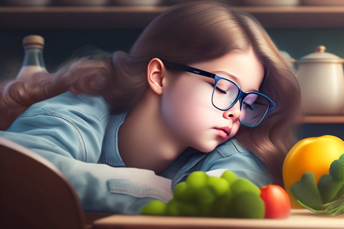 Девочка подросток спит за обеденным столом. Нейросеть Lexica Aperture.