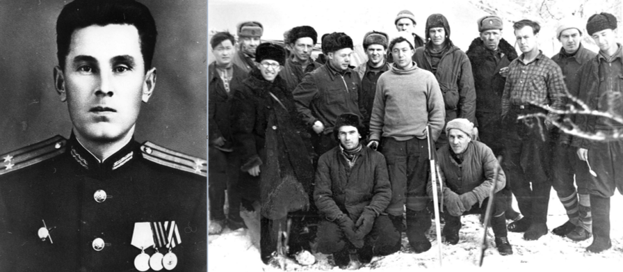Рисунок №2. Слева фото Георгия Семеновича Ортюкова. Справа фото гражданских поисковиков, среди них крайний слева - следователь Лев Иванов (в очках).