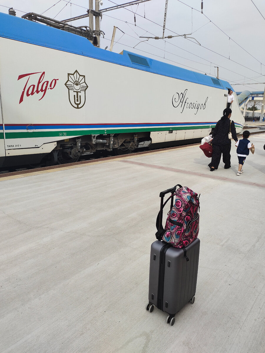 Википедия говорит, что этот поезд развивает скорость до 255 км/ч.  Скорость не измеряла, но ехали быстро) Расстояние от Ташкента до Самарканда 315 км. Афросиаб преодолевает его за 2 часа 38 минут)