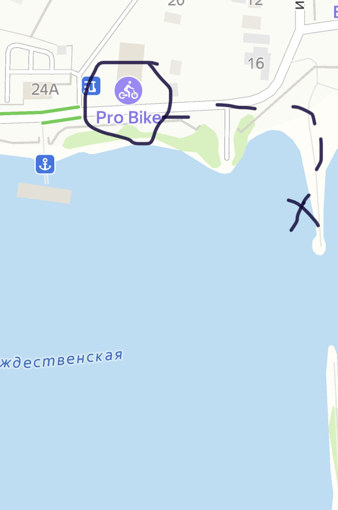 От места высадки до проката около 200от метров. 