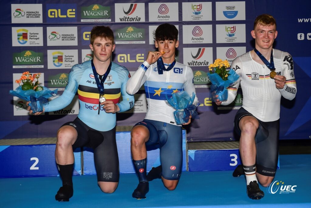    Нолана Хюисманс, Давиде Стелла и Джейкоб Фогт / 2023 UEC Juniores & U23 - Track European Championships - Anadia - 12/07/2023 - MenÕs Junior 1km TT - photo Tommaso Pelagalli / Sprint Cycling Agency © 2023